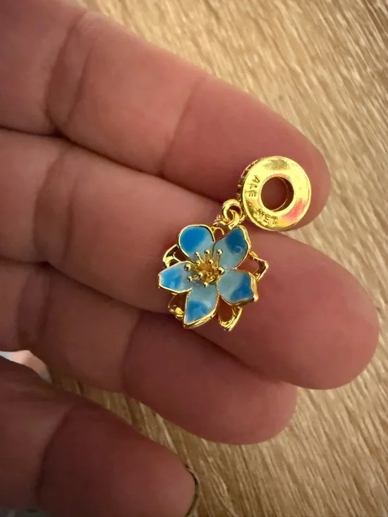 Gold Blue Enamel Flower Charm Pendant - Picture 2 of 5